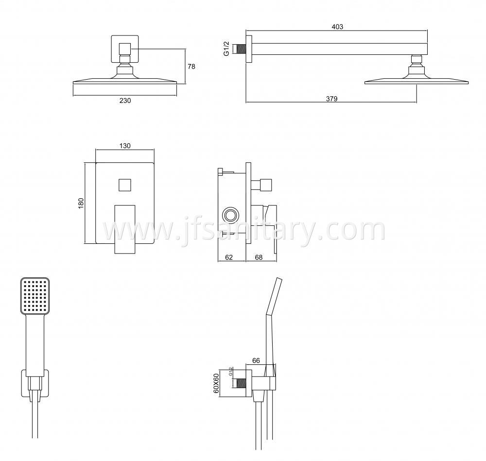 Size Of Square Recessed Rainfall Shower With Hand Set